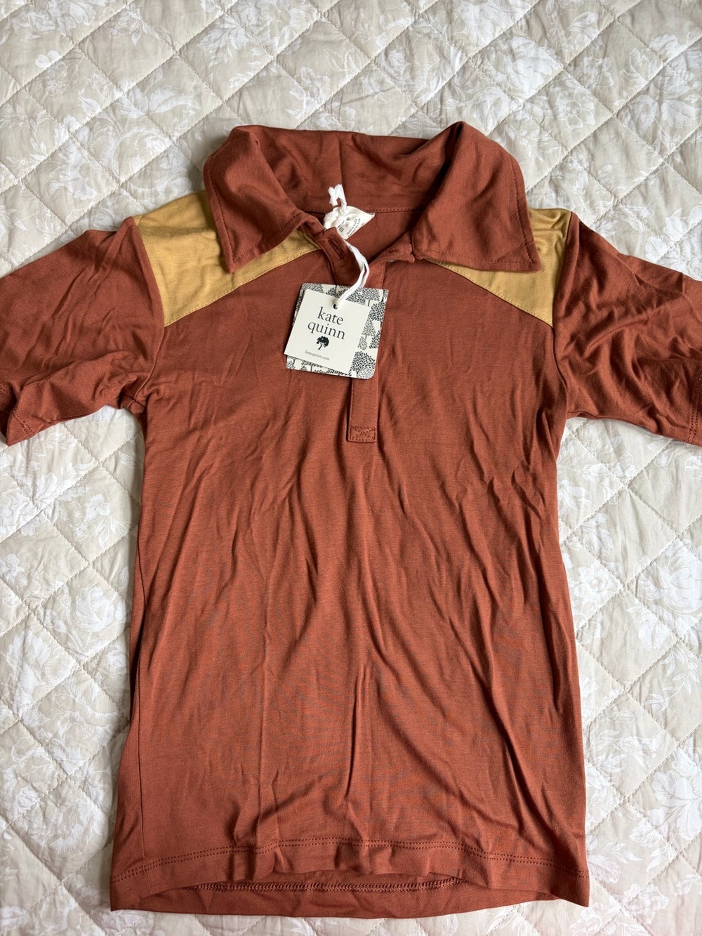 Kate Quinn Bamboo Short-Sleeve Polo Shirt in Rust with Tan Accents